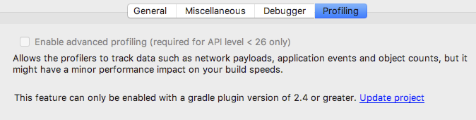 Screenshot of disabled "Enable advanced profiling" checkbox